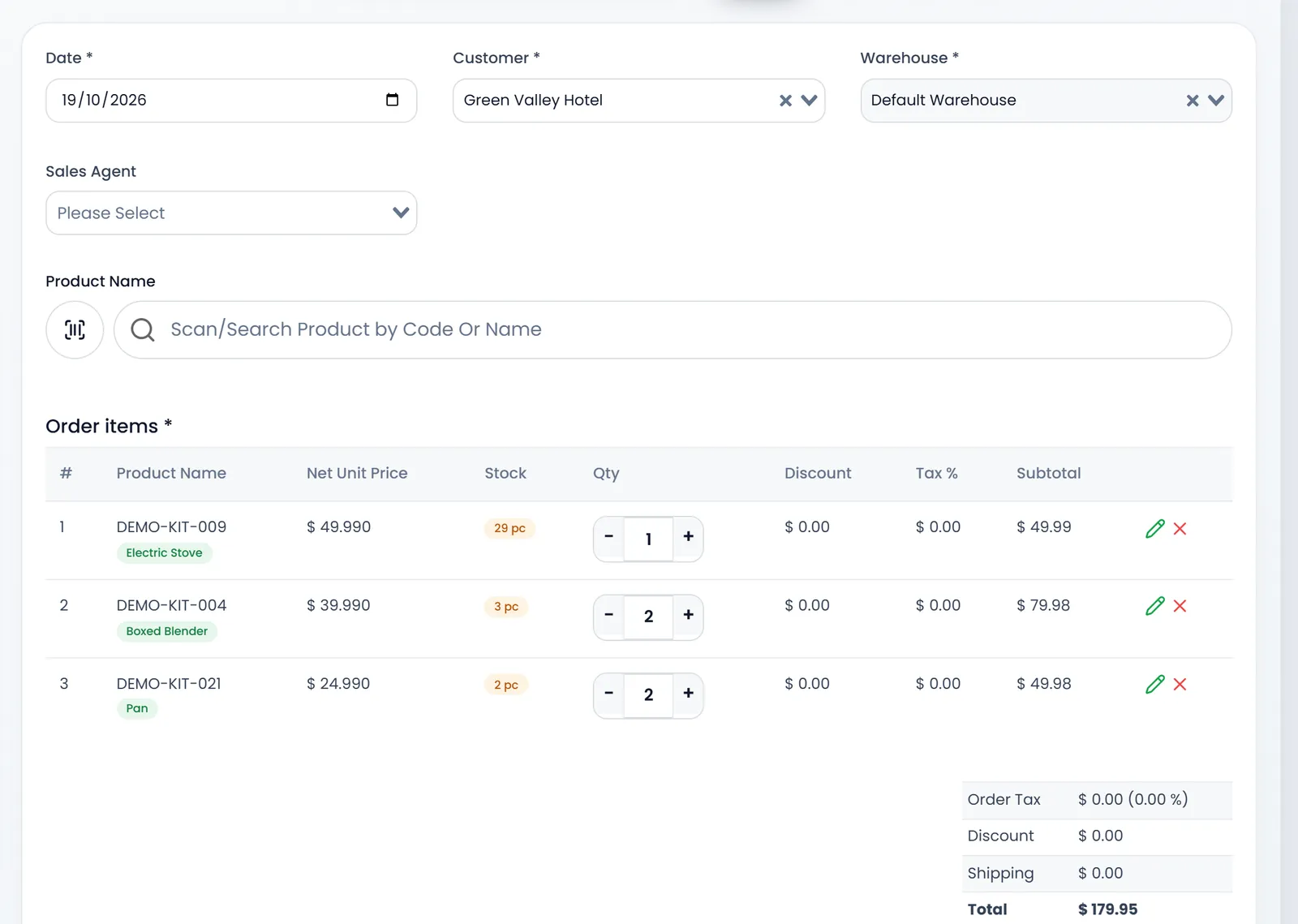 The Create Sale form opened from quotation QT_0001: Green Valley Hotel, Default Warehouse, an empty Sales Agent, and the quotation's three products with their quantities, totalling $ 179.95.