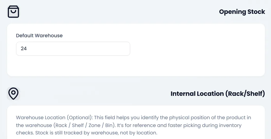 Opening Stock: Default Warehouse 24, then Internal Location (Rack/Shelf).