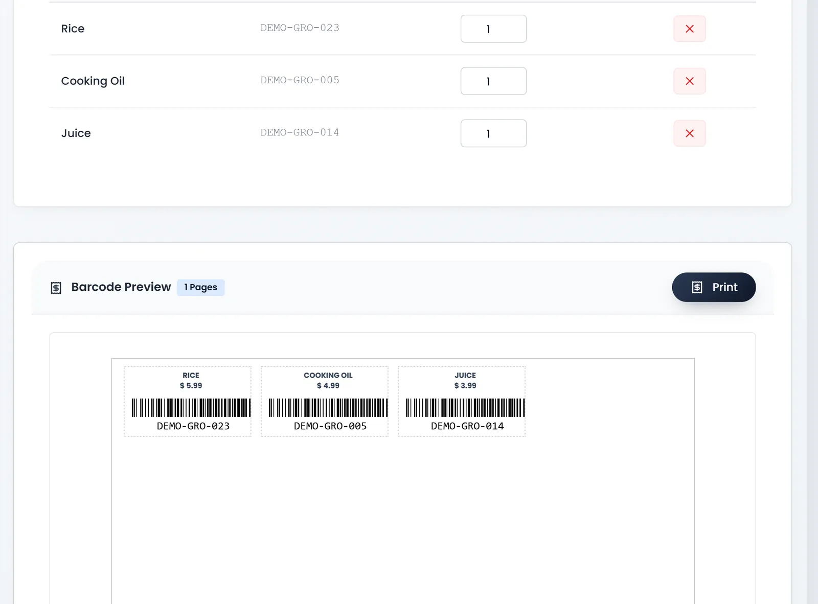Barcode Preview, 1 Pages: three labels, RICE $ 5.99, COOKING OIL $ 4.99 and JUICE $ 3.99, each with a barcode of its code, and the Print button.