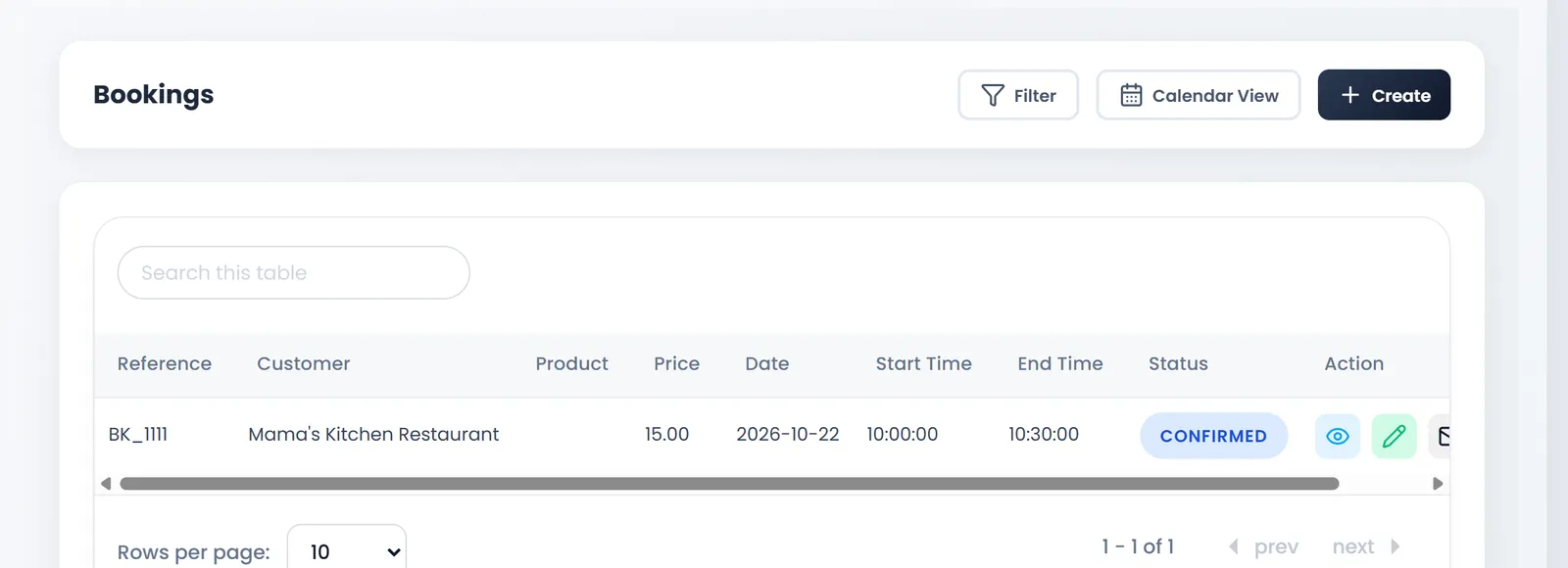 Booking List: Filter, Calendar View and Create, then BK_1111 for Mama's Kitchen Restaurant, 15.00, 2026-10-22, 10:00:00 to 10:30:00, CONFIRMED, with its actions.