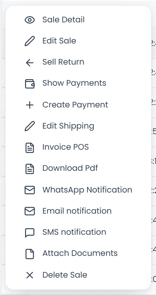The menu of a sale in All Sales: Sale Detail, Edit Sale, Sell Return, Show Payments, Create Payment, Edit Shipping, Invoice POS, Download Pdf, WhatsApp Notification, Email notification, SMS notification, Attach Documents and Delete Sale.