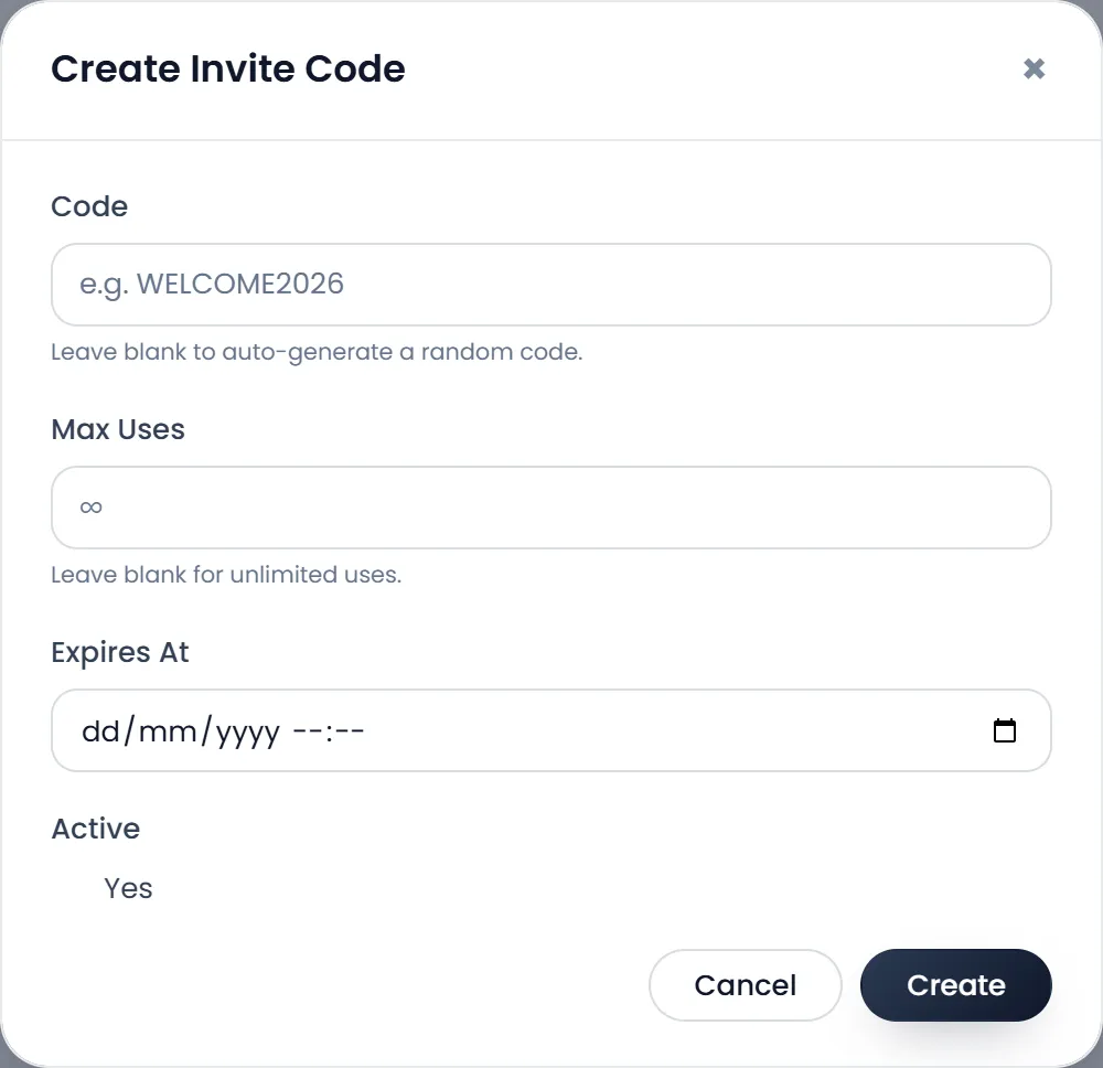 Create Invite Code: Code (e.g. WELCOME2026, leave blank to auto-generate), Max Uses (leave blank for unlimited), Expires At, Active Yes, and Cancel and Create.