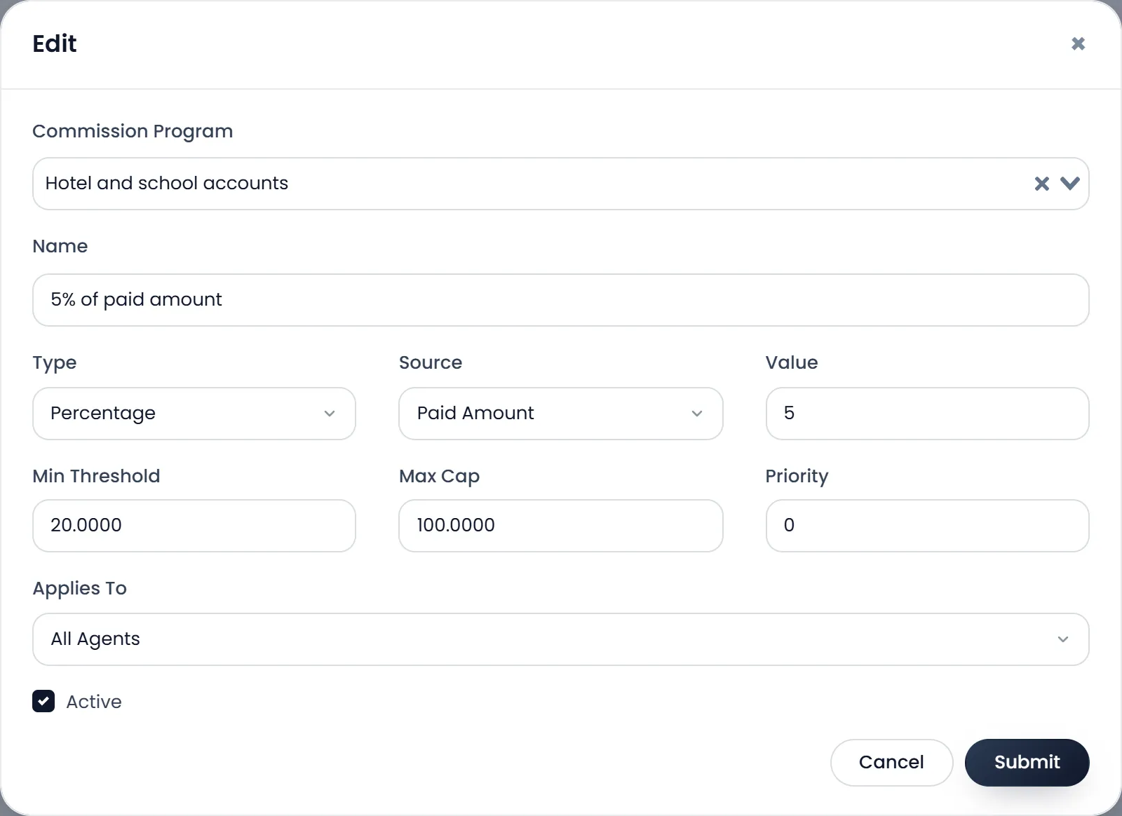 The rule window: Commission Program Hotel and school accounts, Name "5% of paid amount", Type Percentage, Source Paid Amount, Value 5, Min Threshold 20, Max Cap 100, Priority 0, Applies To All Agents, Active.