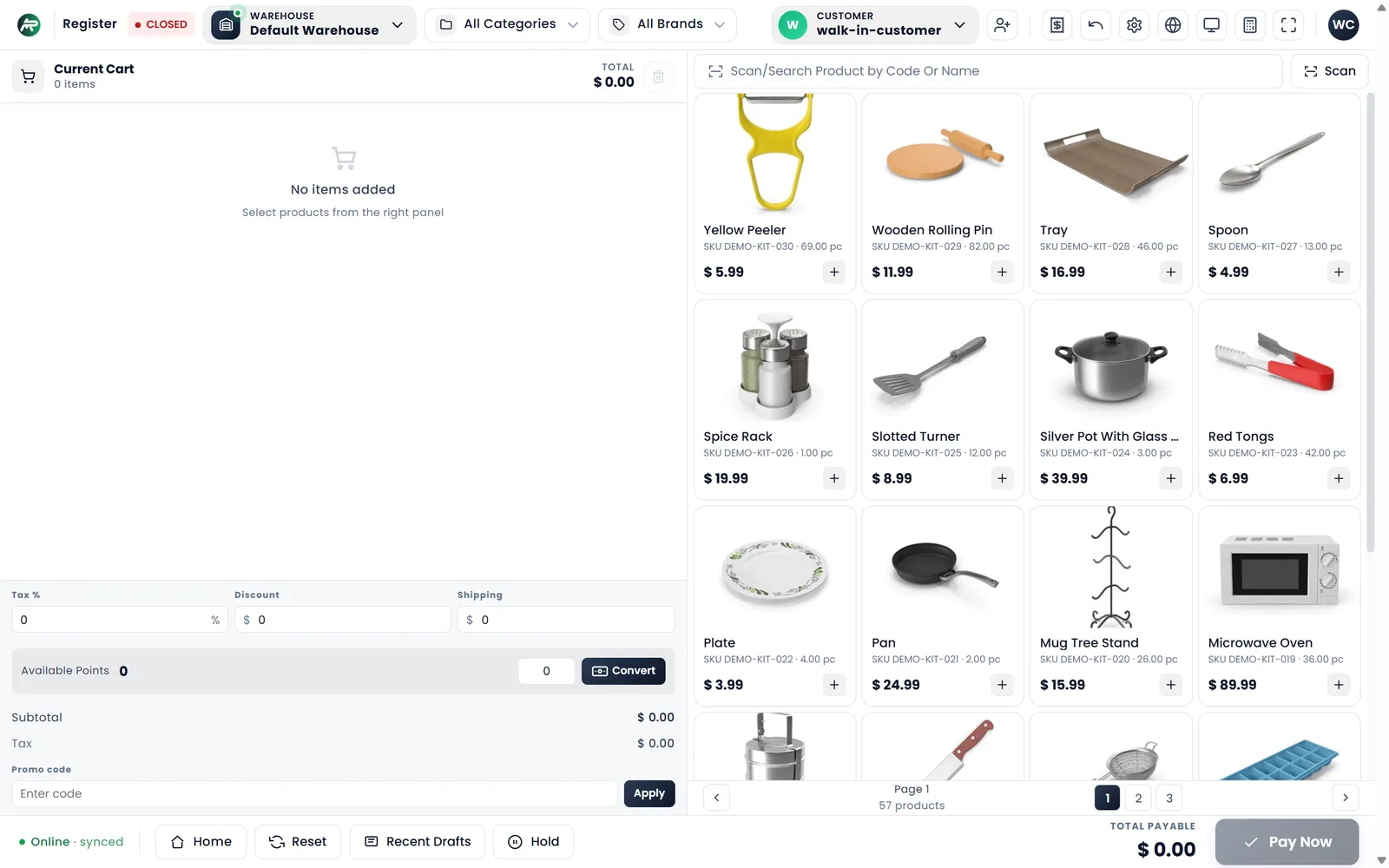 The POS: an empty Current Cart on the left, the product grid with photos and prices on the right, and along the top Register, Warehouse, All Categories, All Brands and Customer.
