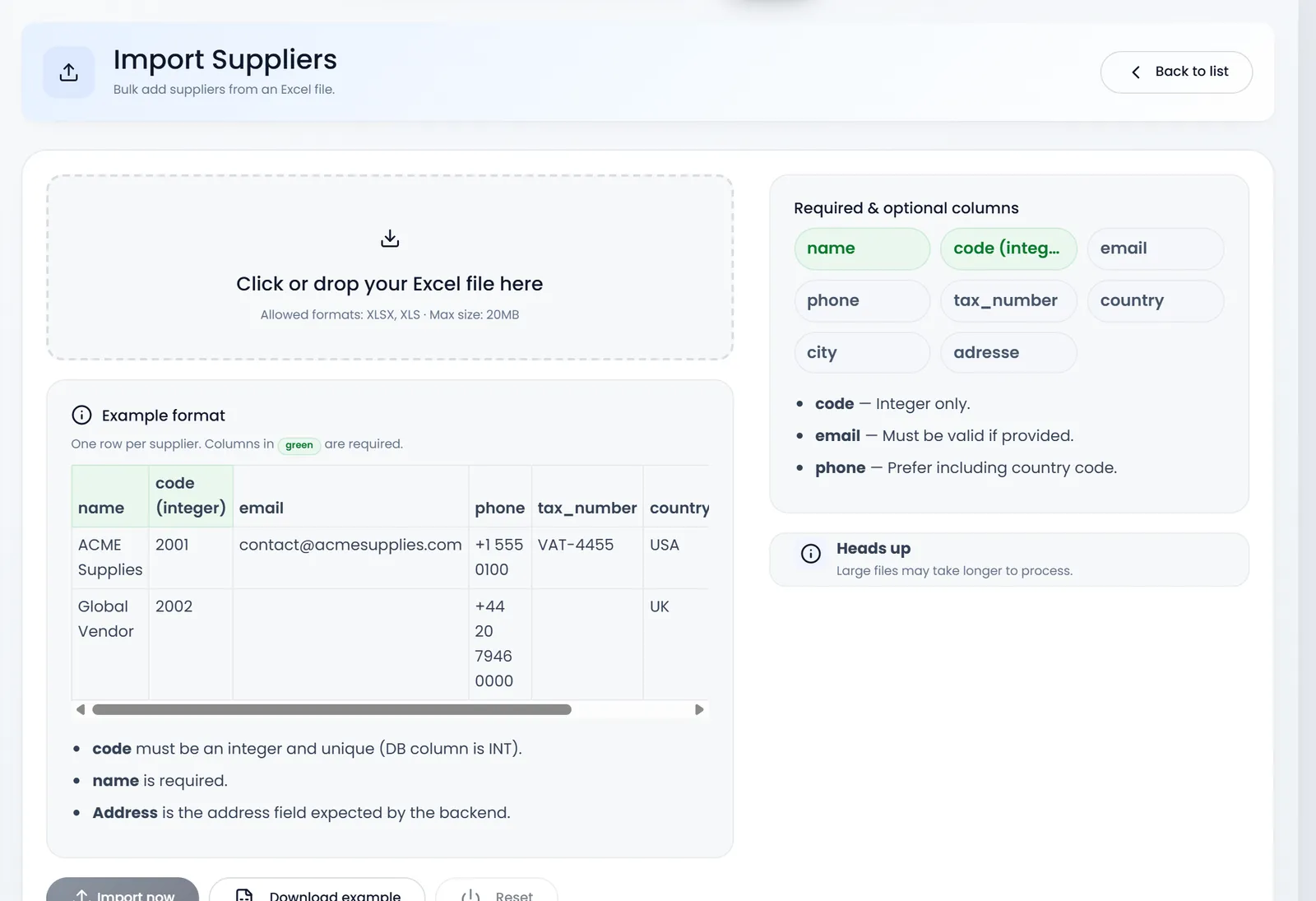 Import Suppliers: the drop box, the Example format table with name, code, email, phone, tax_number, country, city and Address, and the Import now button.