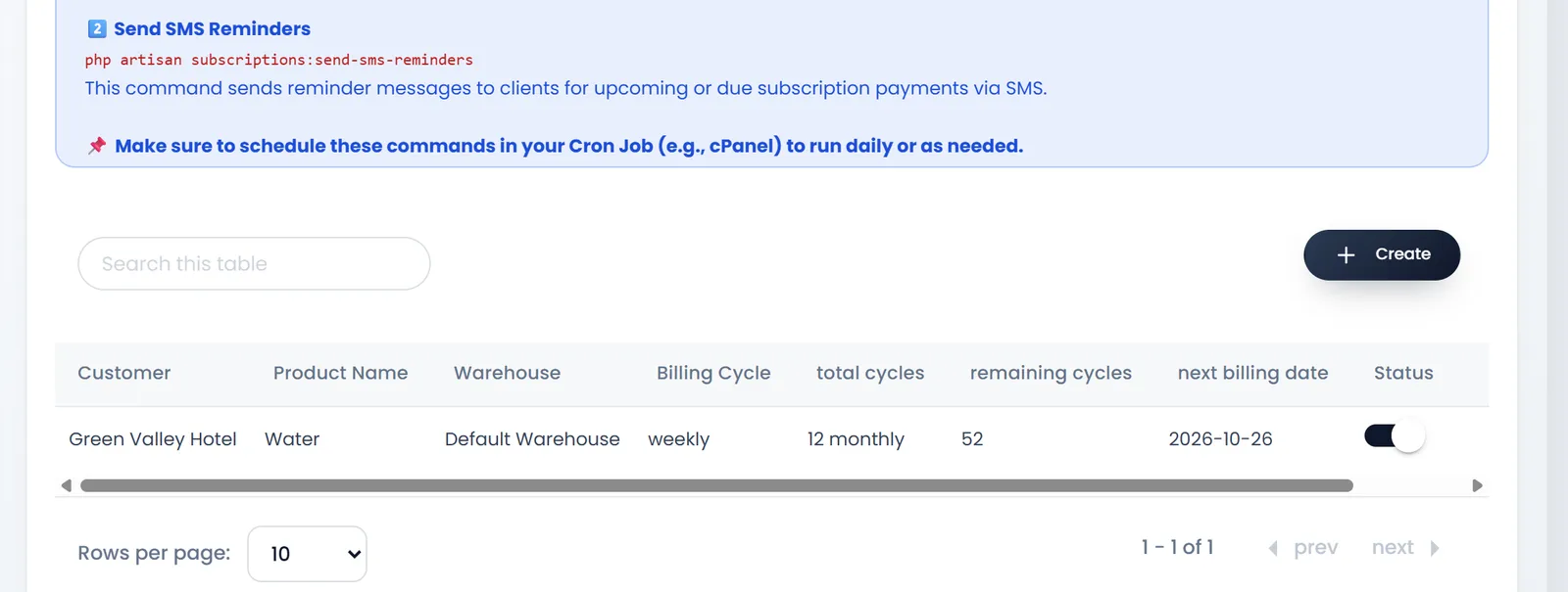 The subscriptions list with one row: Green Valley Hotel, Water, Default Warehouse, weekly, 12 months, 52 remaining cycles, next billing on 2026-10-26.