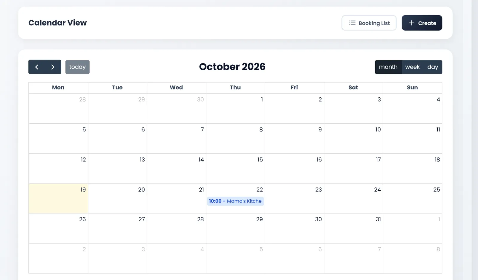 Calendar View for October 2026, by month, with today, the 19th, shaded and the booking "10:00 - Mama's Kitchen" on Thursday the 22nd.