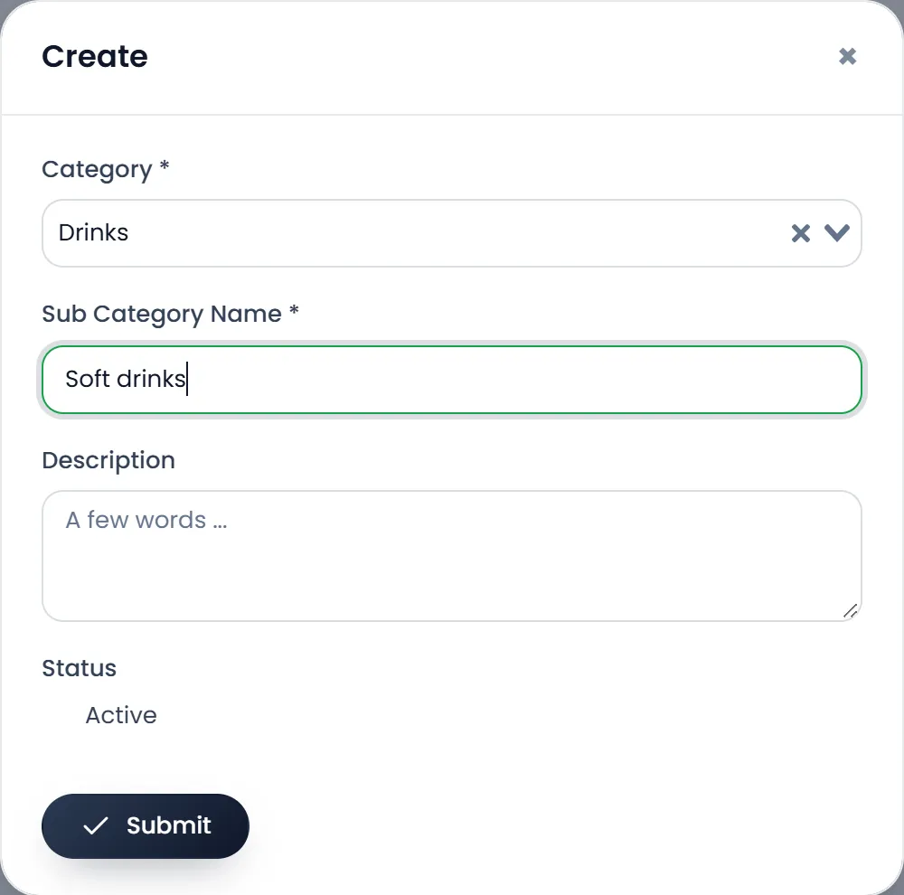 The Create window for a sub category: Category Drinks, Sub Category Name Soft drinks, Description, Status Active, and Submit.