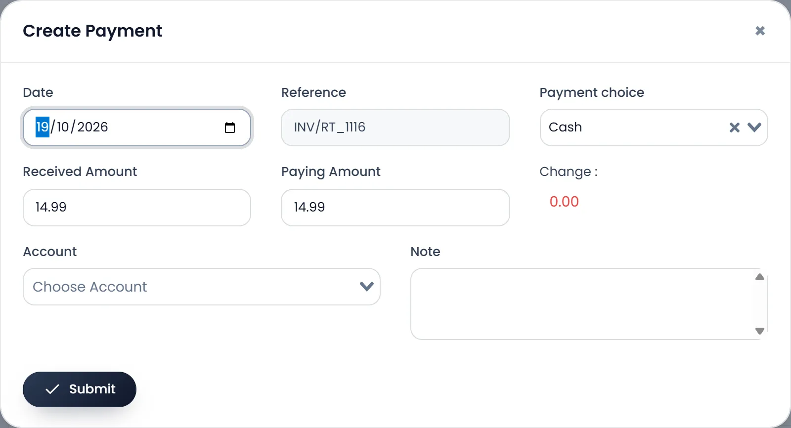 The Create Payment window for a return: Date, Reference, Payment choice Cash, Received Amount and Paying Amount of $ 14.99, Account and Note, and Submit.