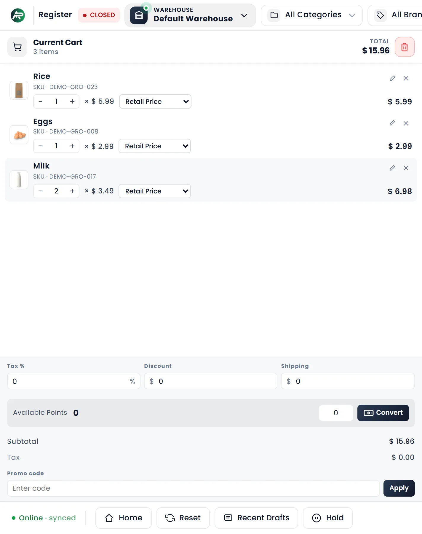 Current Cart with three products: Eggs, Milk with a quantity of 2, and Rice, each with its price, and the total of $ 15.96.