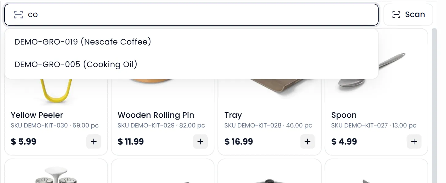 The product search with "co" typed: a list under the box offers DEMO-GRO-019 (Nescafe Coffee) and DEMO-GRO-005 (Cooking Oil), over the product grid.