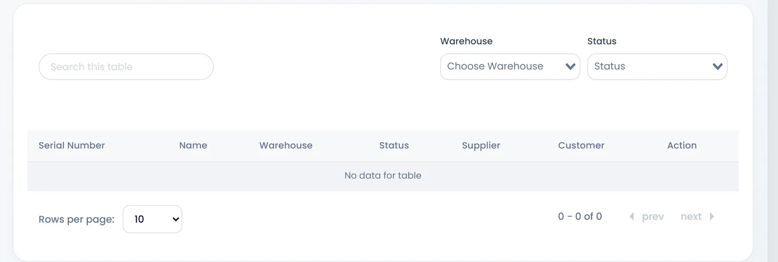 Serial Number Management: Search this table, Warehouse and Status filters, and the columns Serial Number, Name, Warehouse, Status, Supplier, Customer and Action.