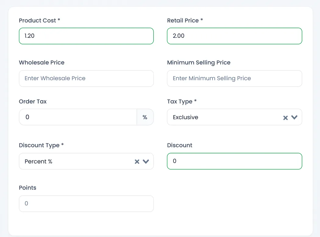 Pricing And Tax: Product Cost 1.20, Retail Price 2.00, Wholesale Price, Minimum Selling Price, Order Tax 0 %, Tax Type Exclusive, Discount Type Percent %, Discount 0 and Points.
