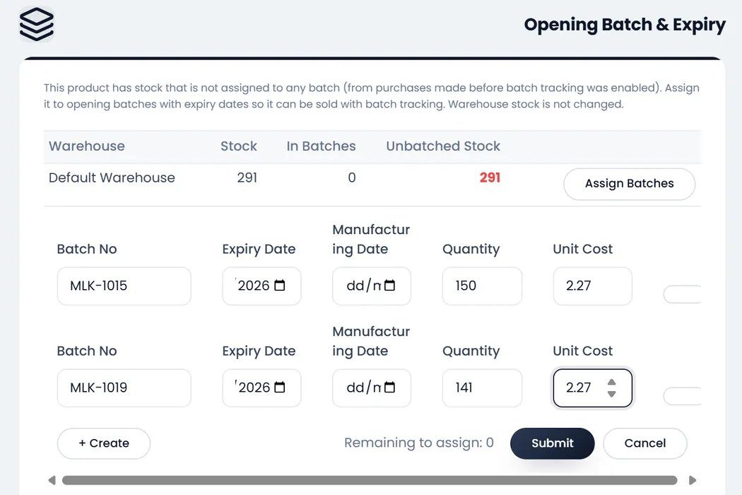 Opening Batch & Expiry for Milk: Default Warehouse with Stock 291, In Batches 0 and Unbatched Stock 291, and two batch lines: MLK-1015 with 150 at 2.27 and MLK-1019 with 141 at 2.27, Remaining to assign 0, Submit and Cancel.
