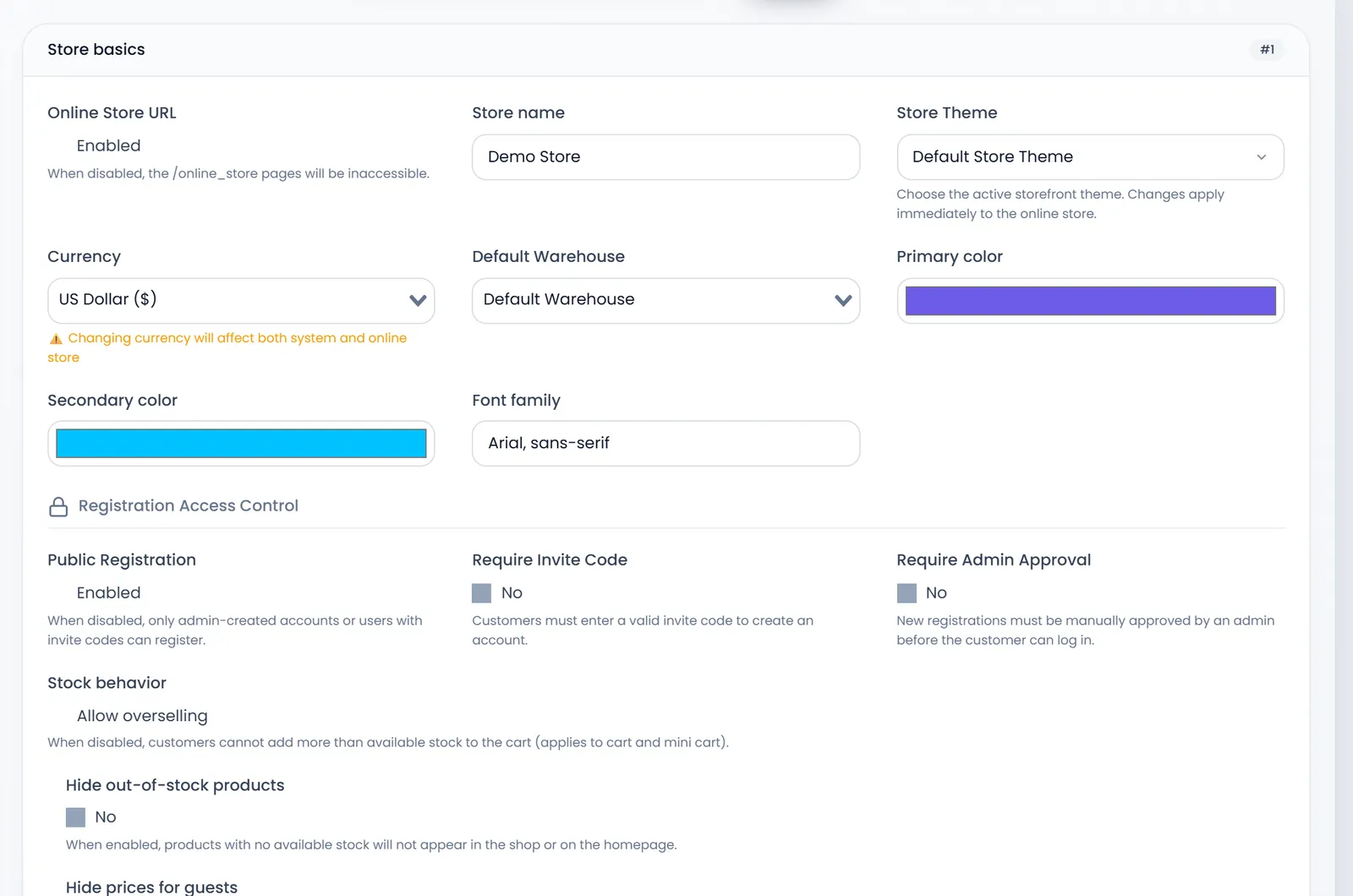 Store basics: Online Store URL Enabled, Store name Demo Store, Store Theme Default Store Theme, Currency US Dollar ($) with the warning that it changes the system too, Default Warehouse, Primary color, Secondary color, Font family, then Registration Access Control and Stock behavior.