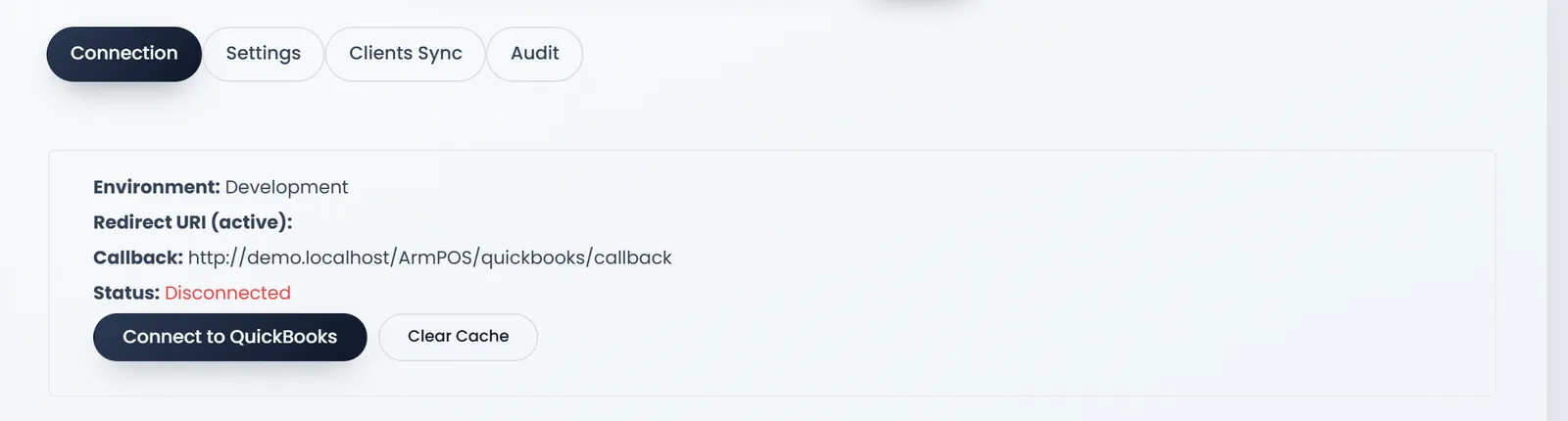Quickbooks Sync, Connection tab: Environment Development, Redirect URI (active), Callback http://…/quickbooks/callback, Status Disconnected, Connect to QuickBooks and Clear Cache.