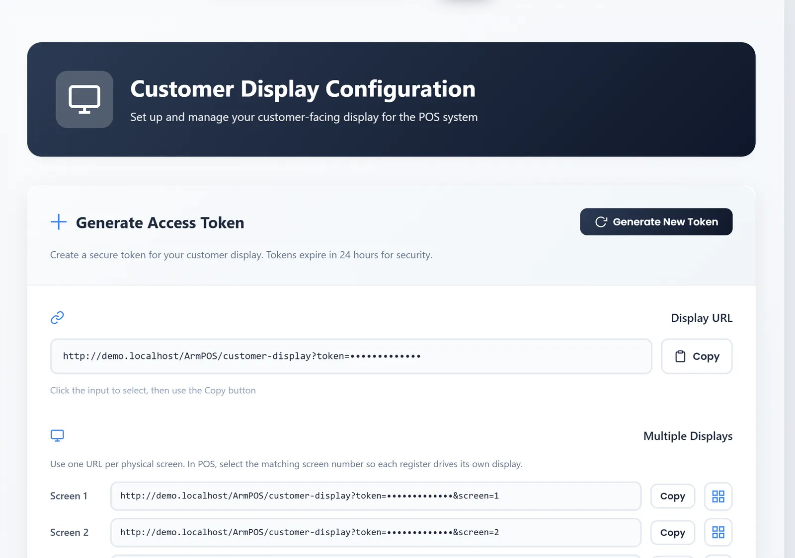 The Customer Display Configuration page after Generate New Token: the Display URL with its Copy button, and the Multiple Displays list starting with Screen 1 and Screen 2. The token in the addresses is hidden here.