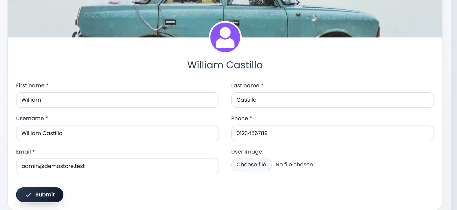 Profile: William Castillo's photo circle above the form, with First name, Last name, Username, Phone, Email, User Image and Submit.