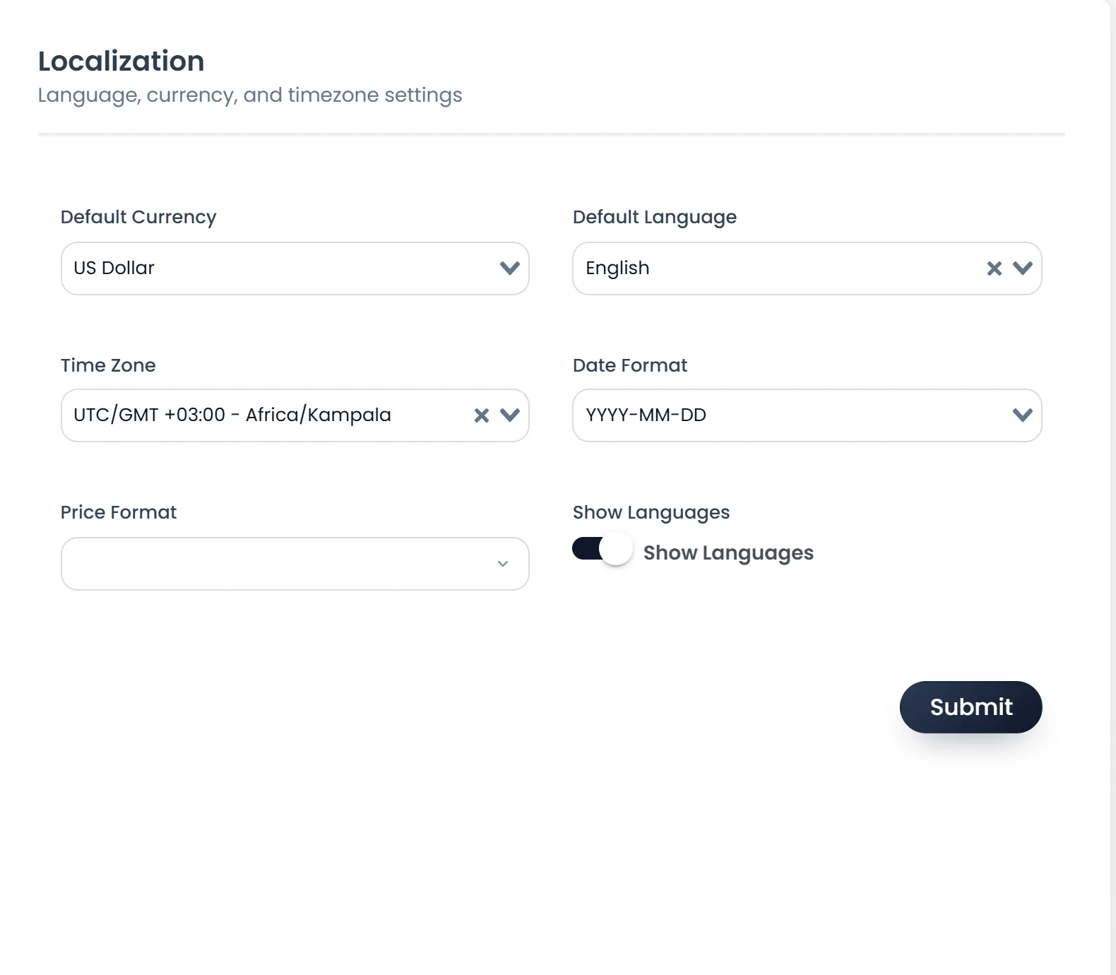 The Localization tab: Default Currency, Default Language, Time Zone, Date Format, Price Format and the Show Languages switch.
