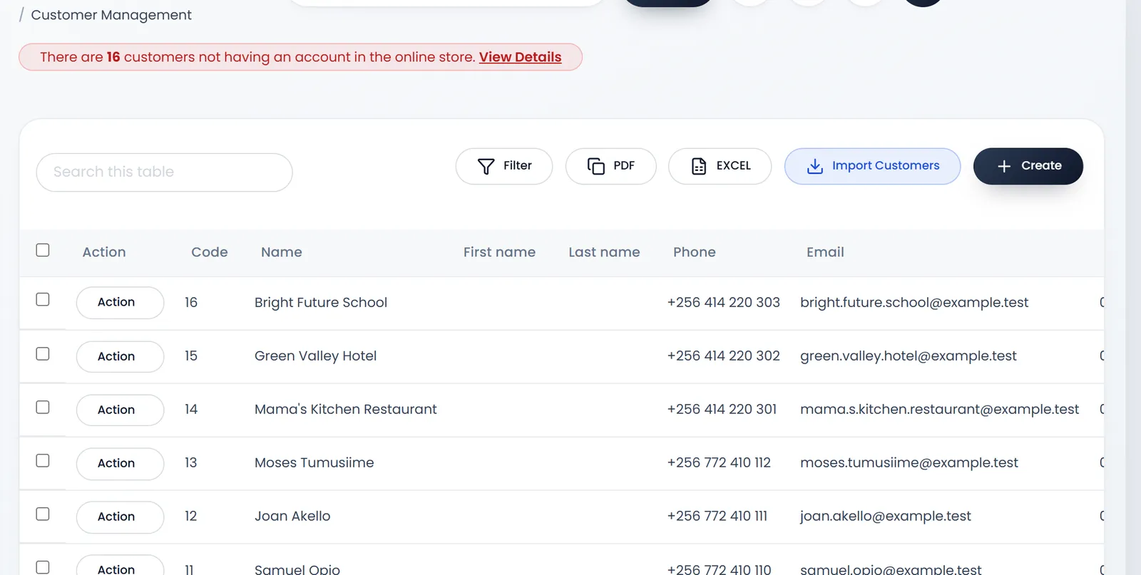 People › Customers: Search, Filter, PDF, EXCEL, Import Customers and Create above a list of customers with their phone, email, points, credit limit, opening balance, total sale due and total sell return due.