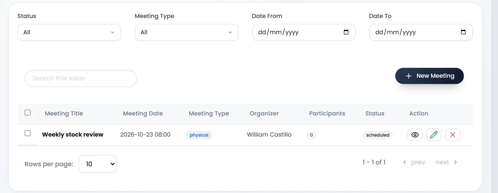 Meetings: the Status, Meeting Type and date filters, New Meeting, and Weekly stock review on 2026-10-23 at 08:00, physical, organised by William Castillo, 0 participants, scheduled.