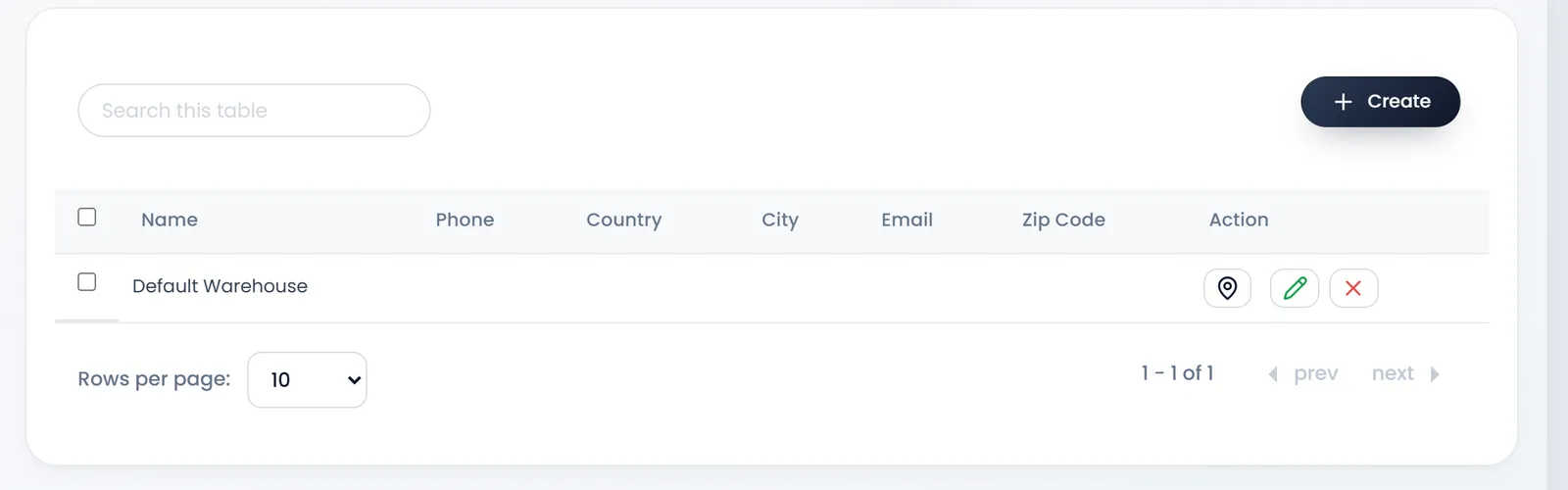 Settings › Warehouse: Search and Create above the list, with one warehouse, Default Warehouse.