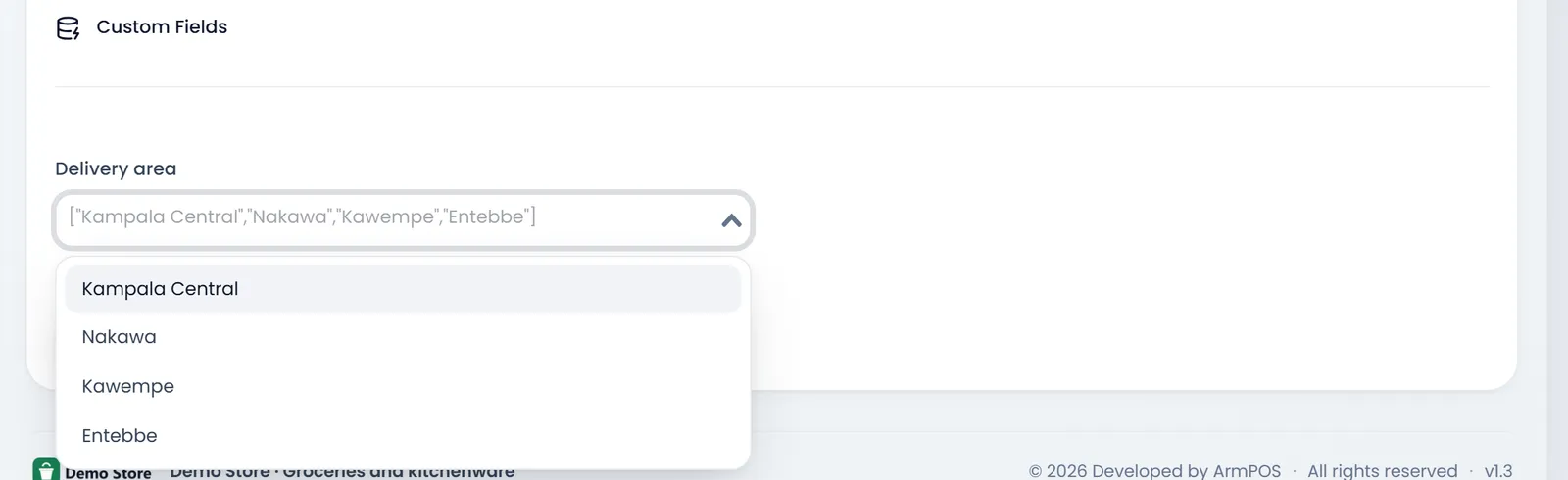 The bottom of the Create customer form: Custom Fields, and Delivery area open on its list: Kampala Central, Nakawa, Kawempe and Entebbe.