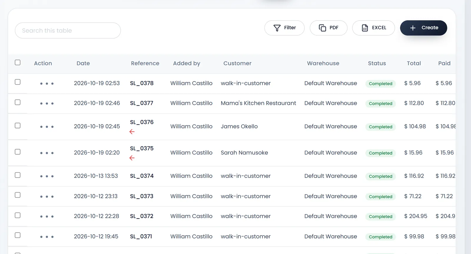All Sales: Search, Filter, PDF, EXCEL and Create above the list, with sales SL_0378 to SL_0370, each with its date, who added it, customer, warehouse, status, total, paid, due and payment status.