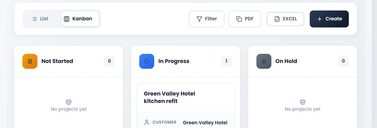 The Projects board: List, Kanban, Filter, PDF, EXCEL and Create, then the columns Not Started (0), In Progress (1) with Green Valley Hotel kitchen refit for Green Valley Hotel, and On Hold (0).