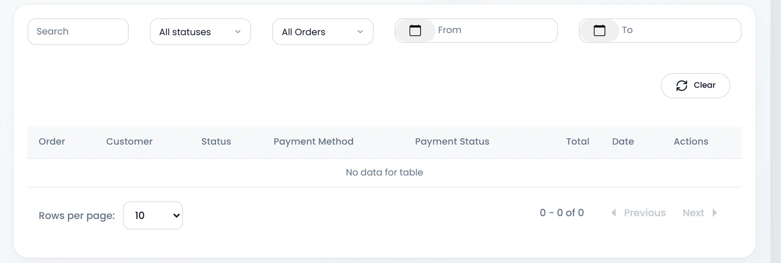 Store › Online Orders: the filters All statuses, All Orders, From and To with Clear, above the columns Order, Customer, Status, Payment Method, Payment Status, Total, Date and Actions.