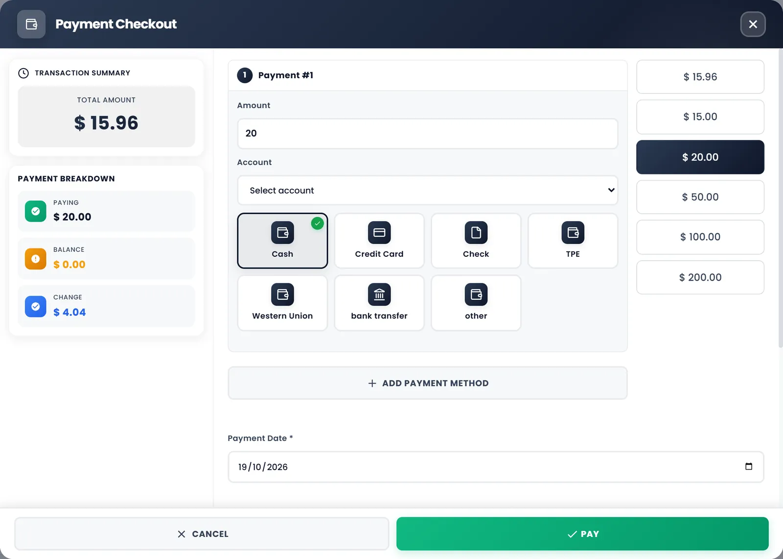 Payment Checkout for a $ 15.96 sale: Cash chosen, $ 20.00 paid, and Change showing $ 4.04 under Payment Breakdown.