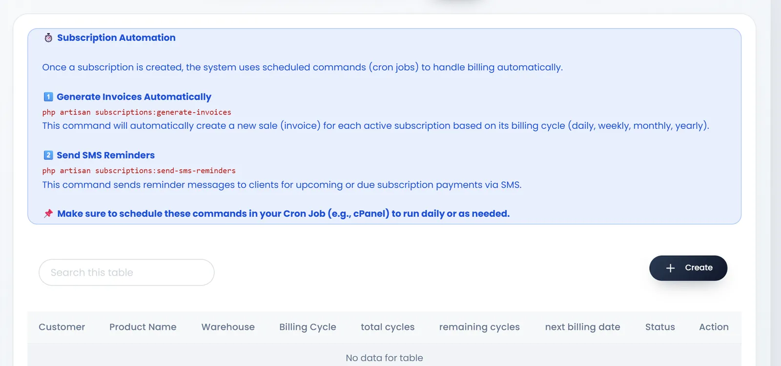The Subscription Product page: a banner headed Subscription Automation about scheduled commands, then Search, Create and the list with its columns.