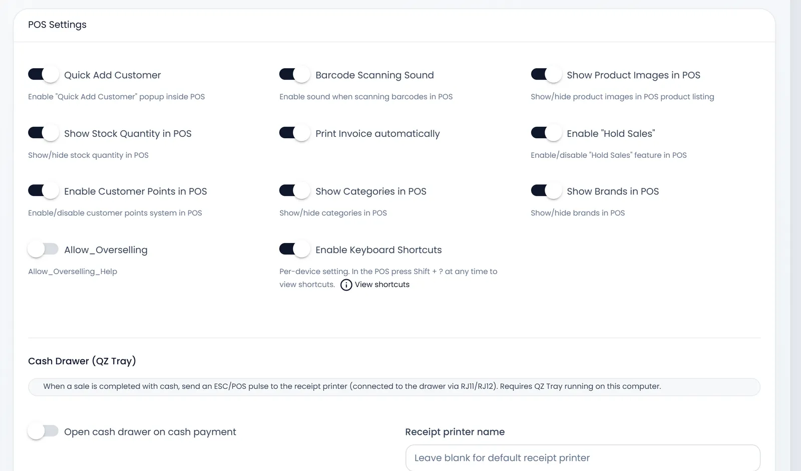 POS Settings: the switches in three columns, Allow_Overselling off, and below them Cash Drawer (QZ Tray) with Open cash drawer on cash payment off and an empty Receipt printer name.