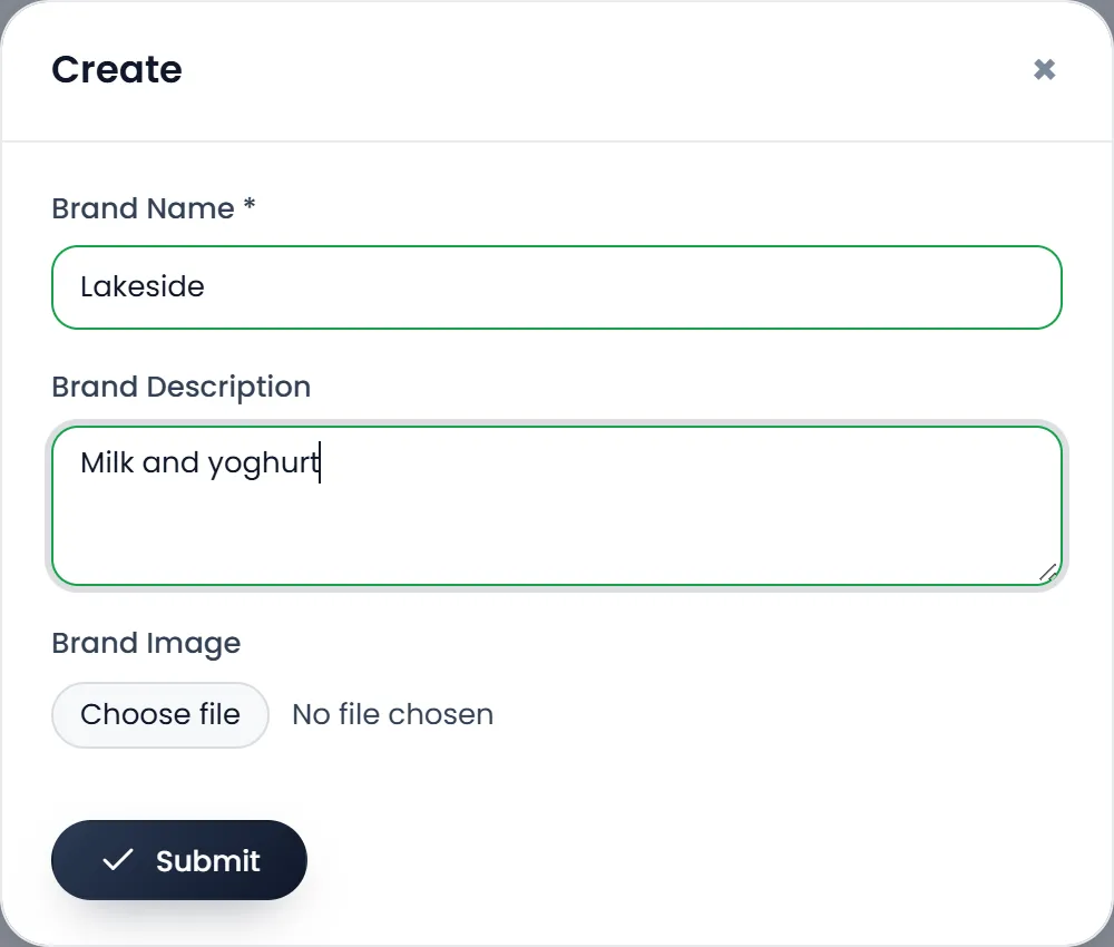 The Create window for a brand: Brand Name Lakeside, Brand Description, Brand Image, and Submit.