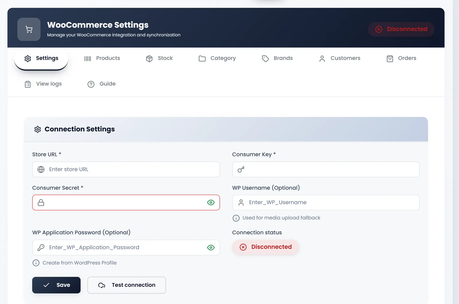 WooCommerce Settings, Settings tab: the tabs Settings, Products, Stock, Category, Brands, Customers, Orders, View logs and Guide, then Connection Settings with Store URL, Consumer Key, Consumer Secret, WP Username (Optional), WP Application Password (Optional), Connection status Disconnected, Save and Test connection.