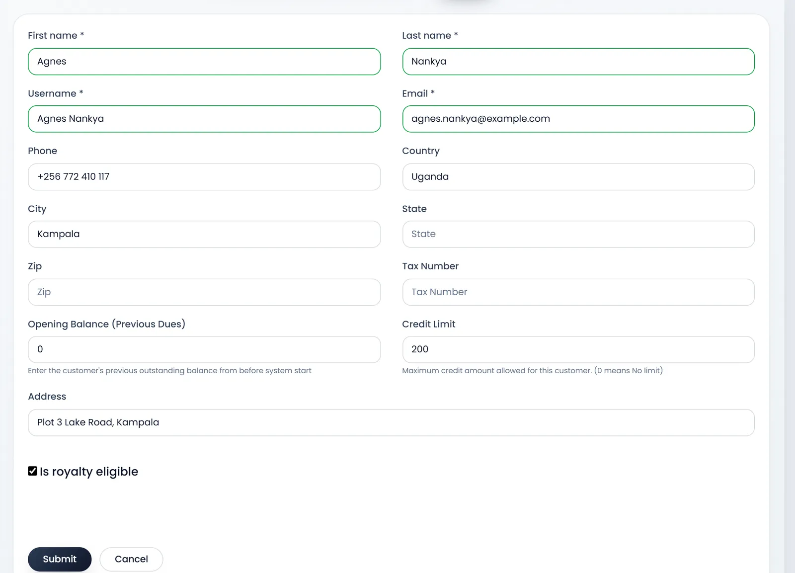 The Create customer form filled for Agnes Nankya: first and last name, username, email, phone, country Uganda, city Kampala, a Credit Limit of 200, an address, and Is royalty eligible ticked.