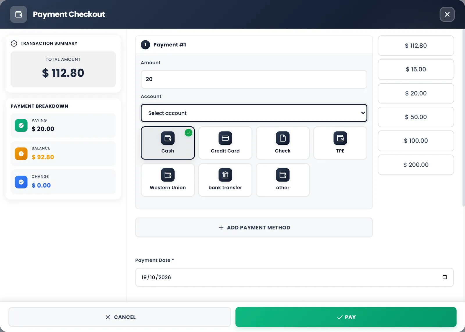 Payment Checkout for a $ 112.80 sale with $ 20.00 entered: Payment Breakdown shows Paying $ 20.00 and a Balance of $ 92.80.