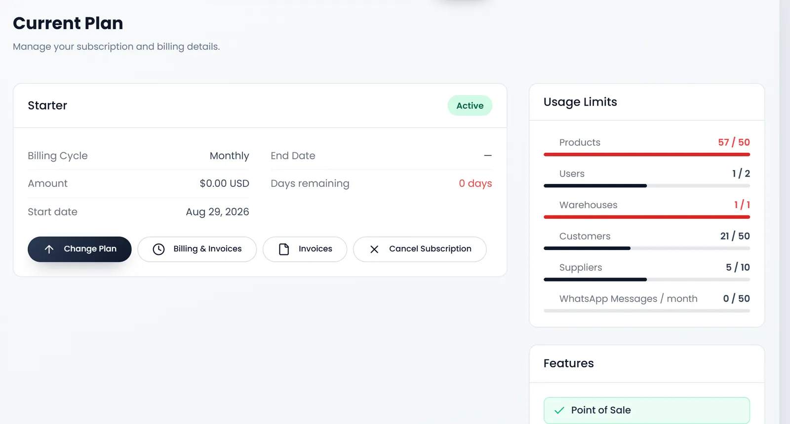 Current Plan: the Starter card, Active, Billing Cycle Monthly, Amount $0.00 USD, Start date Aug 29, 2026, with Change Plan, Billing & Invoices, Invoices and Cancel Subscription; on the right Usage Limits with Products 57 / 50 in red, Users 1 / 2, Warehouses 1 / 1, Customers 21 / 50, Suppliers 5 / 10, and the Features list.