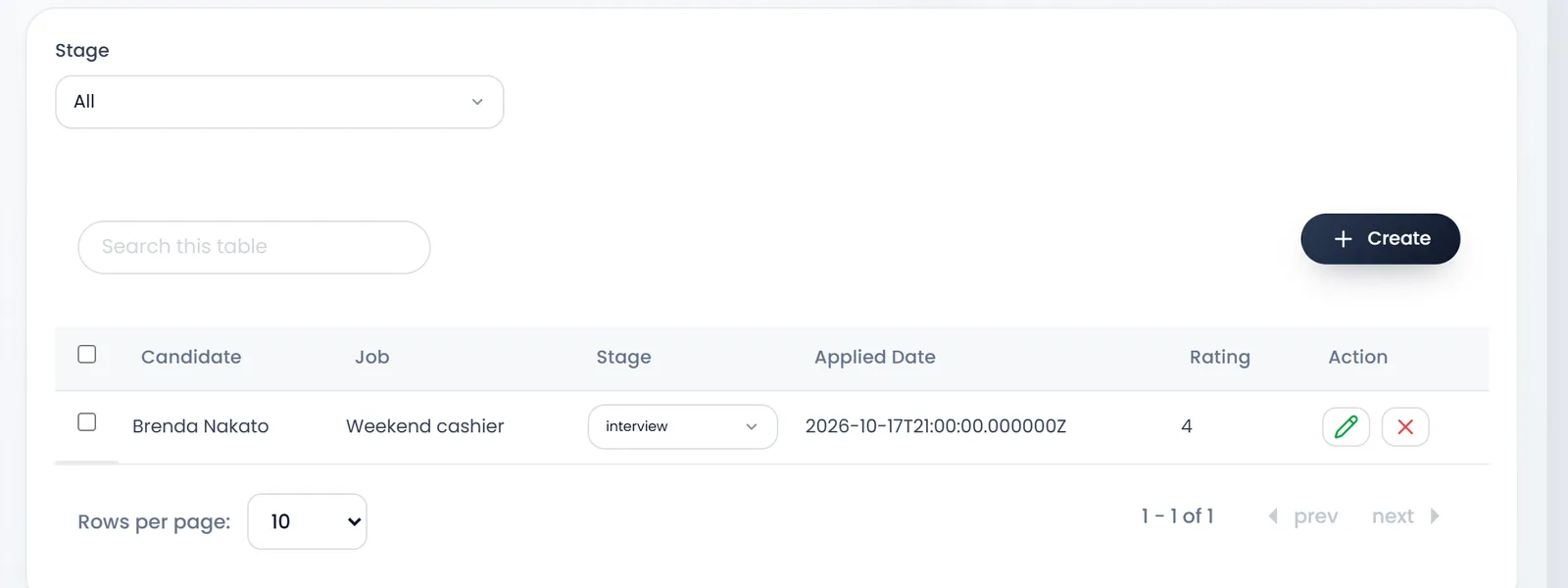 Applications: Brenda Nakato for Weekend cashier, with the stage picker, the applied date shown as 2026-10-17T21:00:00.000000Z, and rating 4.
