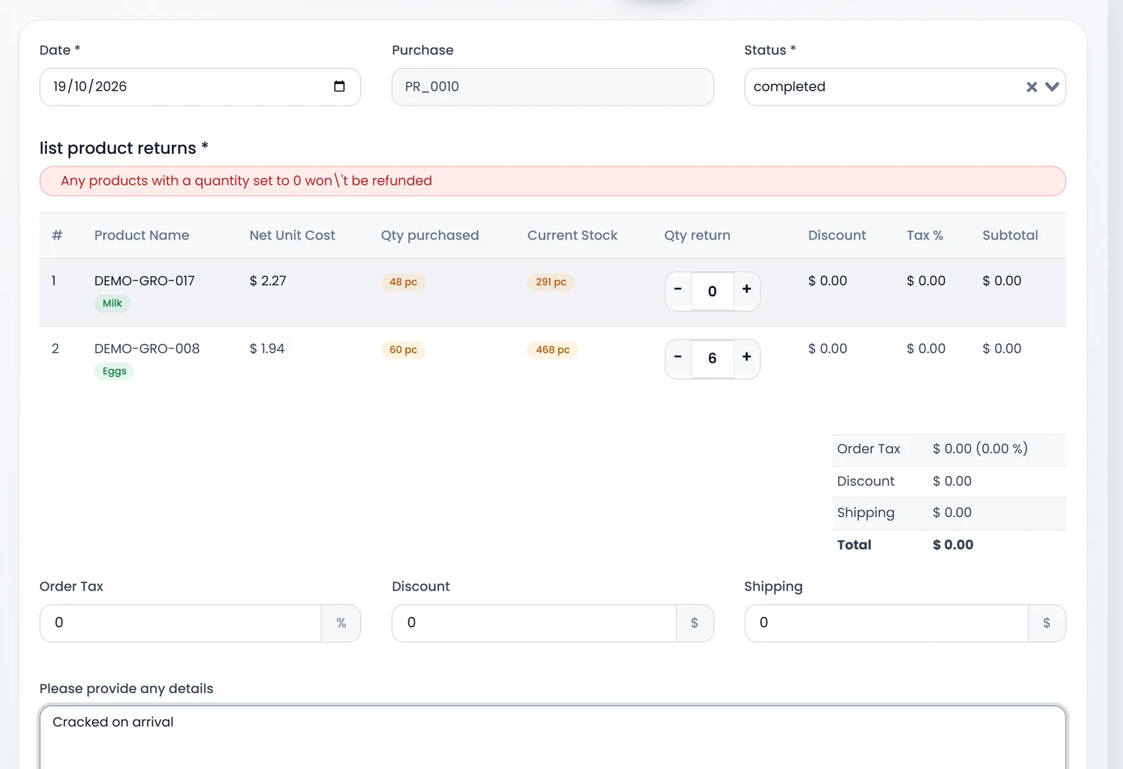 Create Purchase Return for PR_0010: Milk with 48 purchased and 291 in stock, Eggs with 60 purchased and 468 in stock, each with Qty return, and the totals.