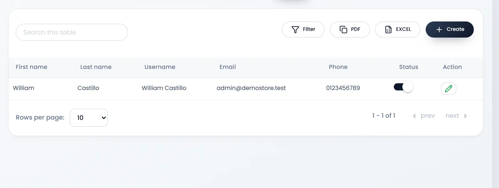 User Management › Users: Search, Filter, PDF, EXCEL and Create above the list of users, with the shop's owner as the only one so far.