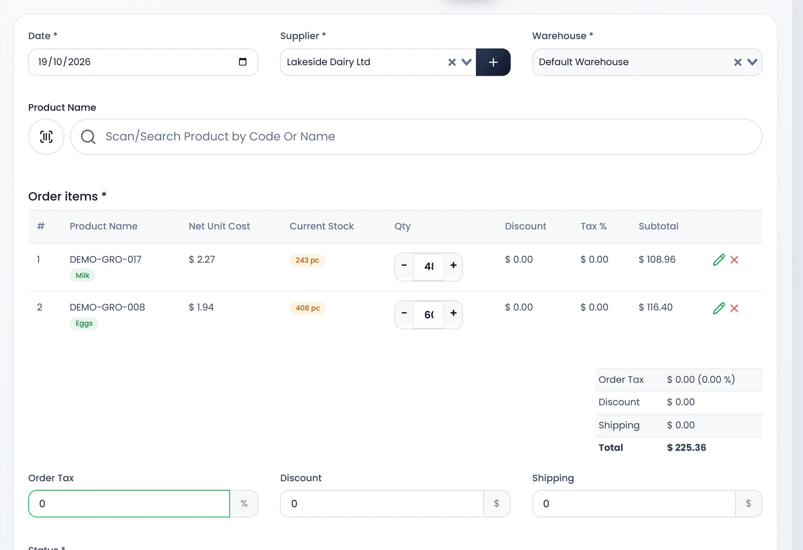 Create Purchase: Supplier Lakeside Dairy Ltd, Warehouse Default Warehouse, and two lines: 48 Milk at $ 2.27 and 60 Eggs at $ 1.94, each with its current stock and subtotal.