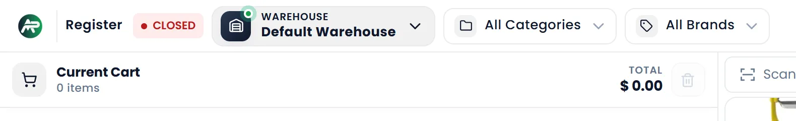 The left of the POS top bar: Register with a red CLOSED badge, Warehouse showing Default Warehouse, All Categories and All Brands; below it, Current Cart with 0 items.