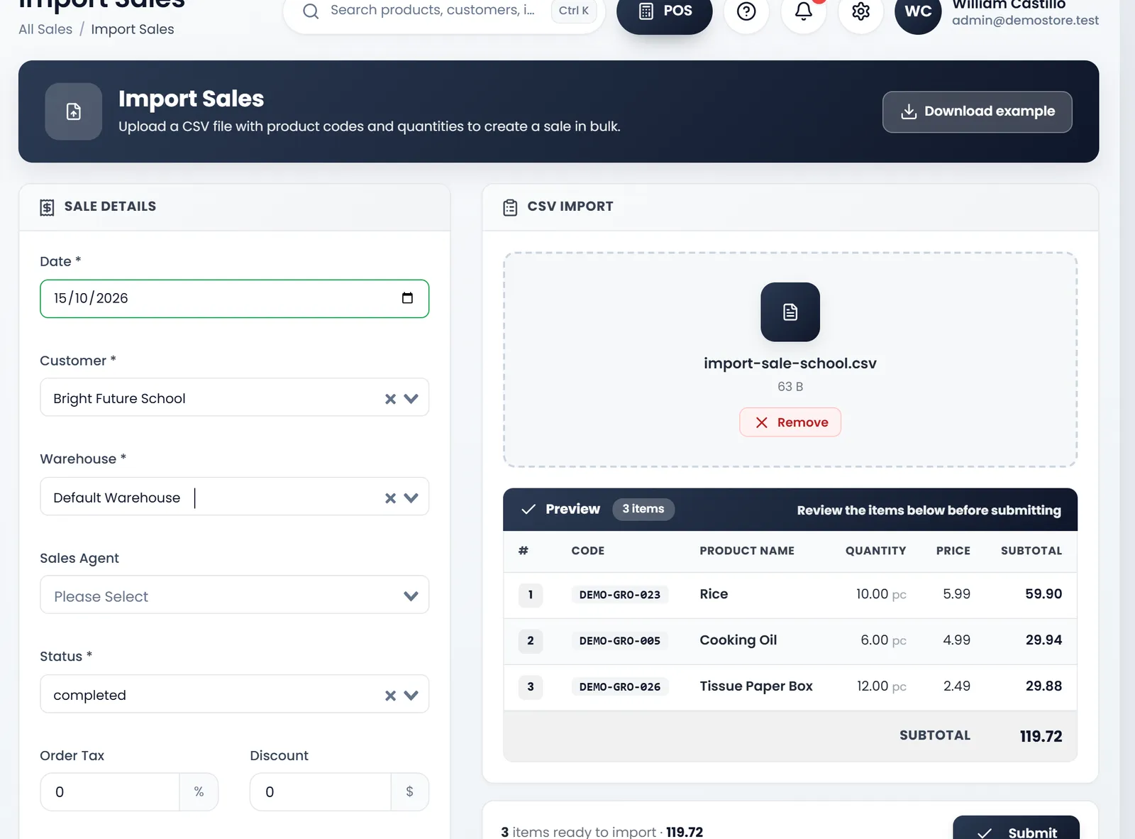 The CSV IMPORT box holding import-sale-school.csv, and its preview: Rice 10, Cooking Oil 6 and Tissue Paper Box 12, each with price and subtotal, a total of 119.72 and the Submit button.