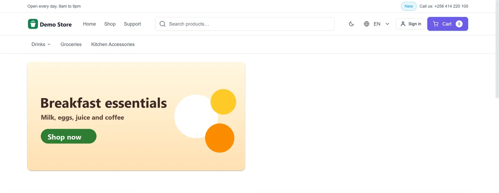 The store's home page with the Breakfast essentials banner at the top left, above the welcome "Fresh groceries and kitchenware".