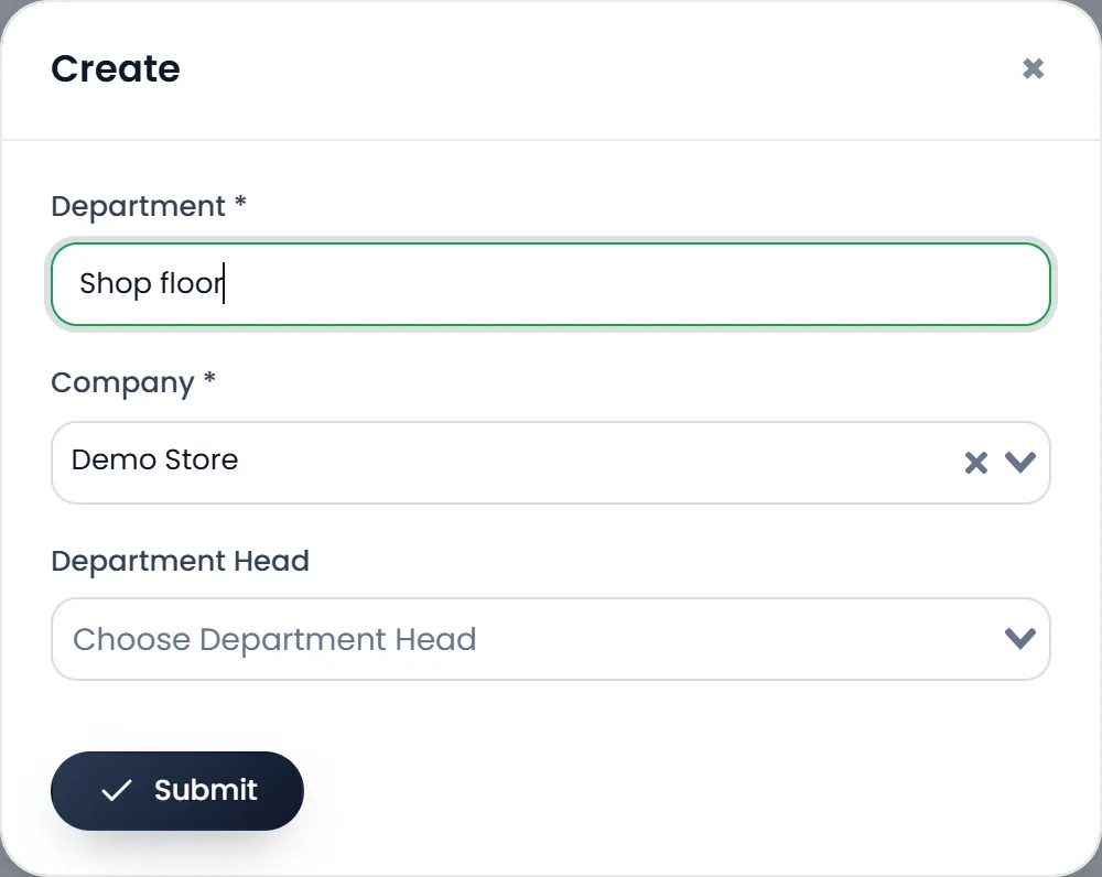 The Create department window: Company Demo Store, Department Head, Department "Shop floor", and Submit.