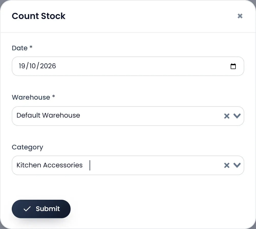 The Count Stock window: Date, Warehouse set to Default Warehouse, Category set to Kitchen Accessories, and Submit.