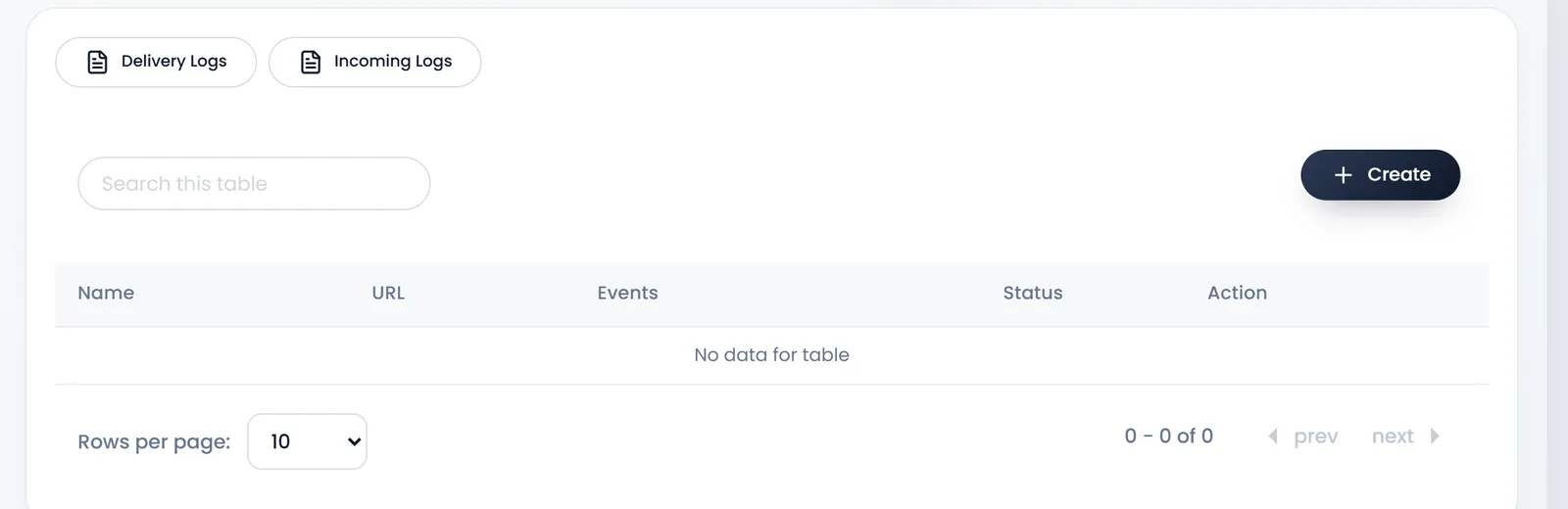Webhooks: Delivery Logs, Incoming Logs, Search and Create above the list with Name, URL, Events, Status and Action.