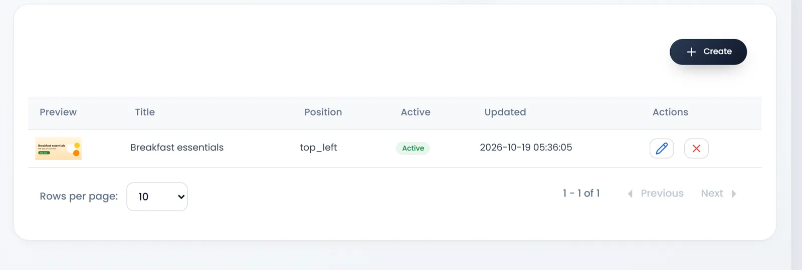 Store › Banners: Preview, Title, Position, Active and Updated, with Breakfast essentials, top_left, Active, and Edit and Delete.