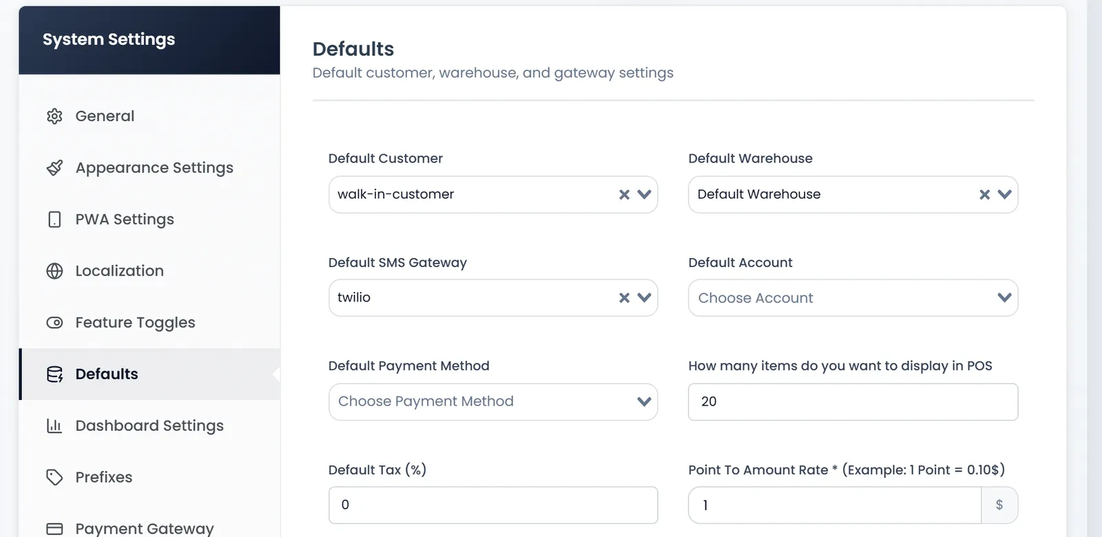 System Settings, Defaults tab: Default Customer walk-in-customer, Default Warehouse, Default SMS Gateway, Default Account, Default Payment Method, How many items do you want to display in POS and Default Tax (%).